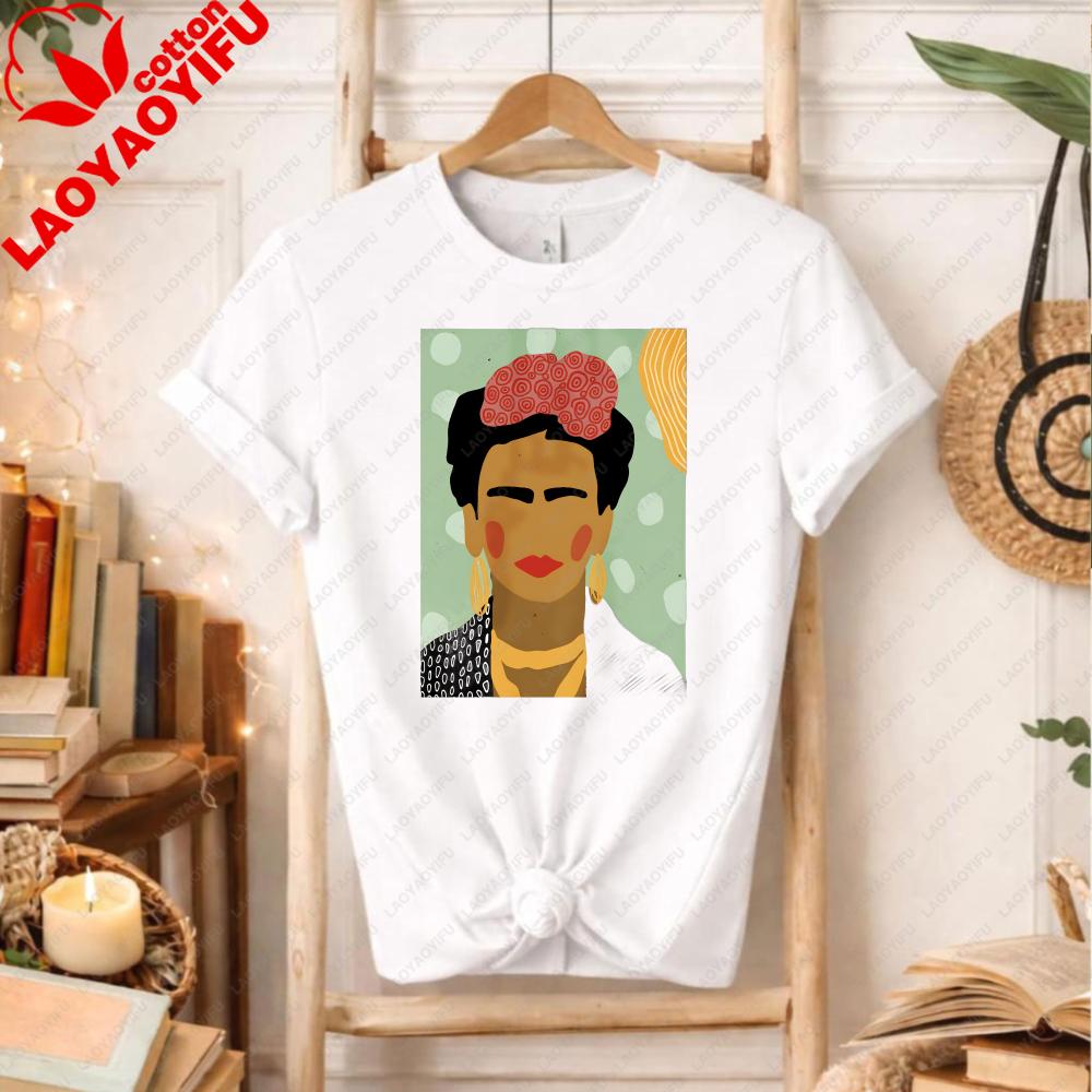 Frida Kahlo Inspired TShirt Minimalist Cotton Tee for Art Lovers Bold Creative Portrait Design Fashion Printed Tshirt Tops