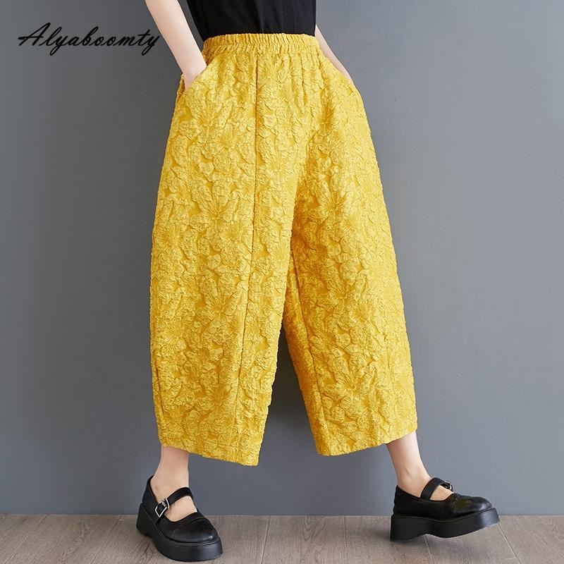 

Женские брюки больших размеров на осень-зиму с широкими штанинами, эластичной талией, жаккардовым узором, повседневные, свободные капри, стильные, модные, базовые XL жёлтый