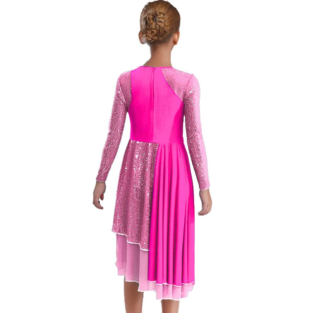 Girls Praise Dance Dress Long Sleeve Round Neck Design with Sparkling Sequins Color Block Asymmetrical Robe