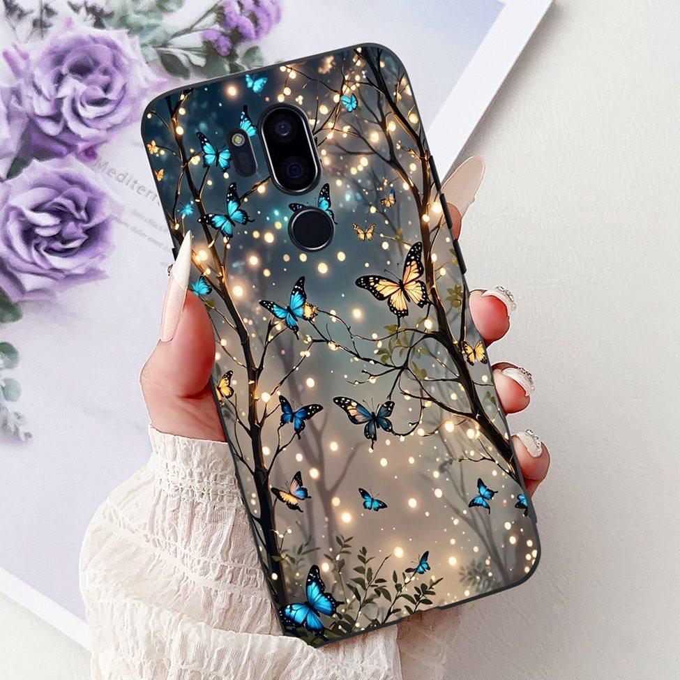 Para LG G7 ThinQ Funda Silicona Negra Gato Lindo Flores de Moda Trasera Pintada Genial Para LG G7ThinQ Funda de Teléfono LMG710EM