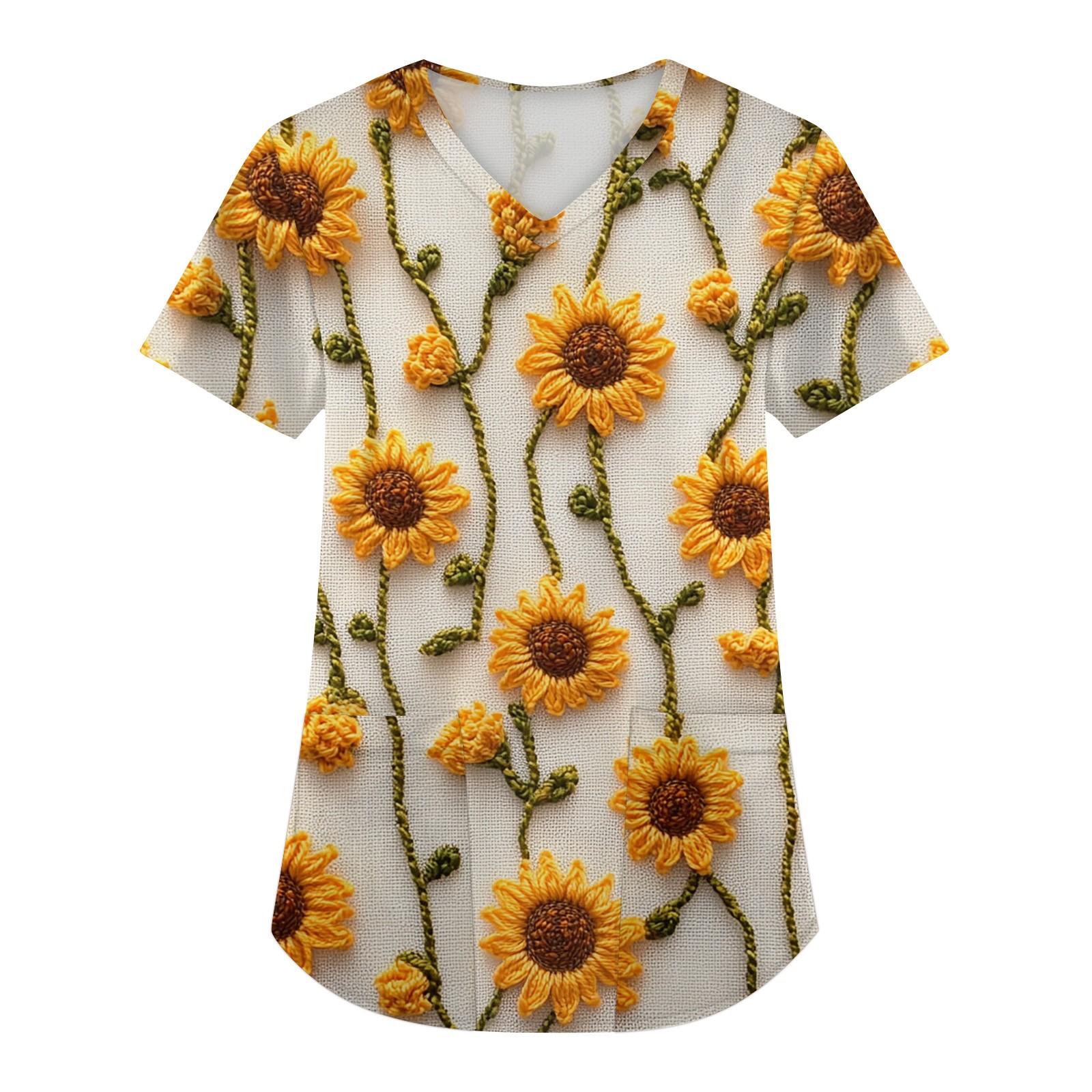 

Женская мода с коротким рукавом и V-образным вырезом с карманами и цветочным принтом Топы Одежда M оранжевый