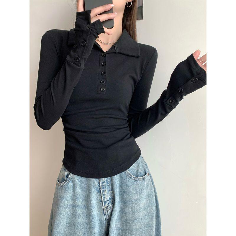 Kumikumi New Arrival Graceful Gray Polo Collar Long Sleeves T-shirt Women Autumn All-Matching Slim Fit Slim Bottoming Top