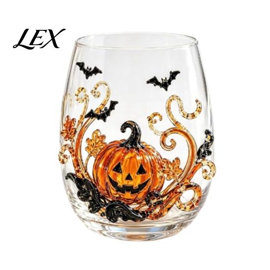 Day of The Dead Decor Halloween Ghost Whiskey Glass, Black Cat Spider Net Skull Tumbler for Gothic Home Cocktail, 350ml Spooky Drinkware Bar, Festive