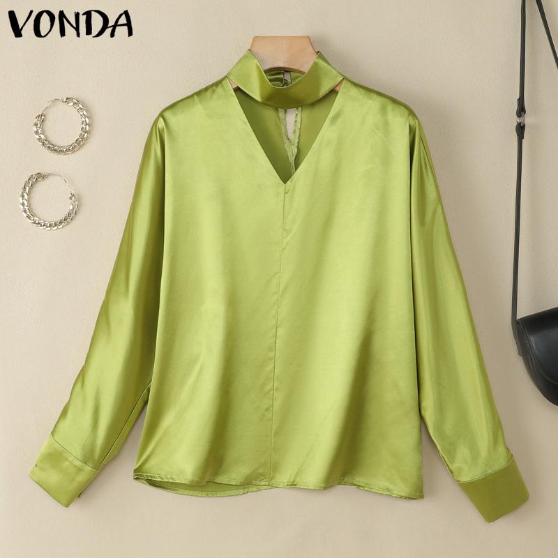 

VONDA Women Choker V Neck Long Sleeve Loose Satin Casual Loose Blouse S зелений