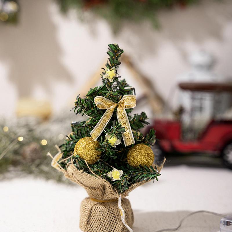 Small Christmas Tree With Lights 3 Pieces Artificial Plant With Burlap Base Little Christmas Tree For Bookshelf Birthday Party