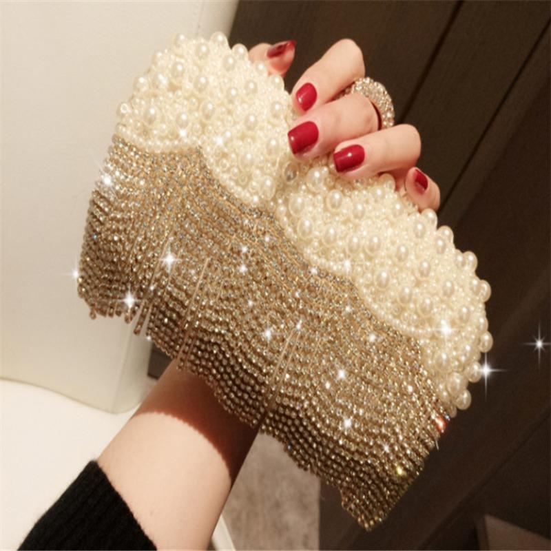 Retro pearl fringed small bag, one shoulder oblique span bag, diamond-encrusted banquet bag, dress cheongsam bag, celebrity dinner clutch bag