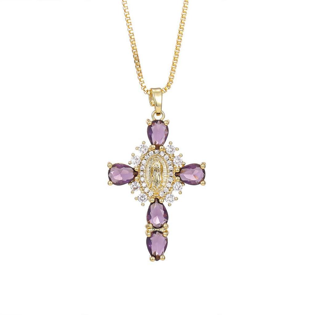 Gold-Plated Multi-Color Zirconia Cross Necklace with Full Diamond Design
