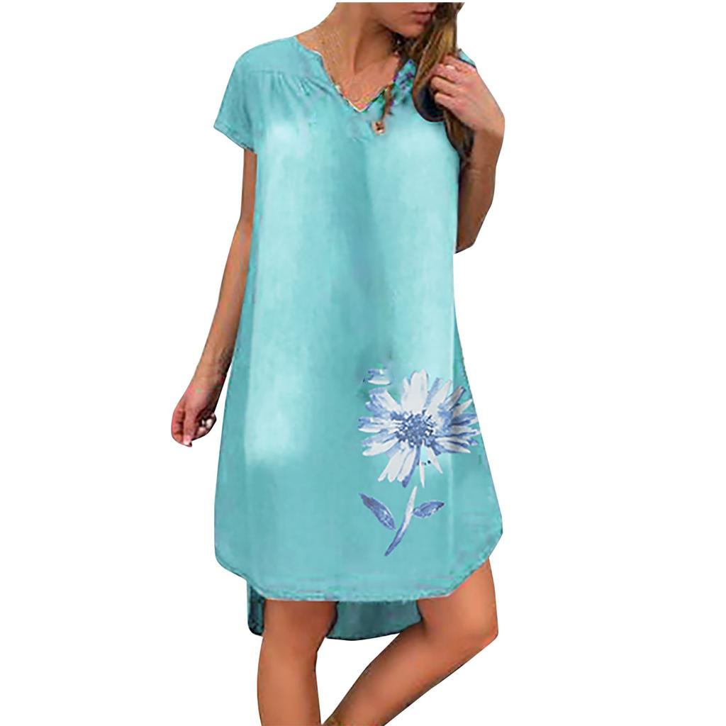 Fashion Women's Casual Printed V-Neck Short Sleeve Knee Length Denim Dress