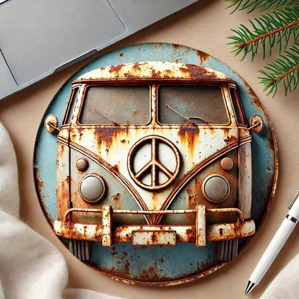 Iron Wall Art Vintage Camping Car Round Metal Sign Peace Symbol Home Decor Gift