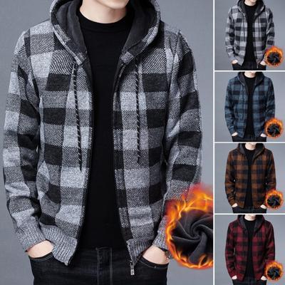 Herren Herbst Winter Jacke Farbblock Karo Strick Kapuze Reißverschluss