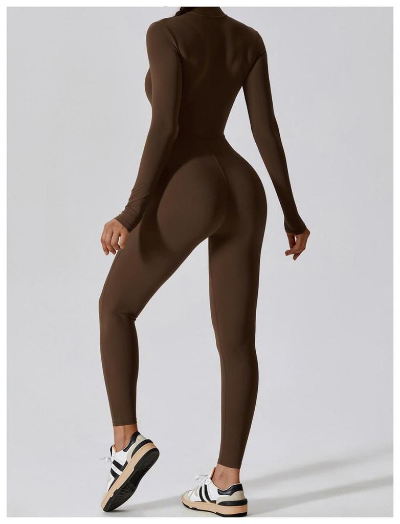 Autumn Long Sleeve Zipper Bodycon Butt-Lifting Bodysuit Yoga & Running Pants for Women - Black