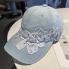Waterwashed Cotton Denim Baseball Cap With Floral Embroidery For Summer Sun Protection