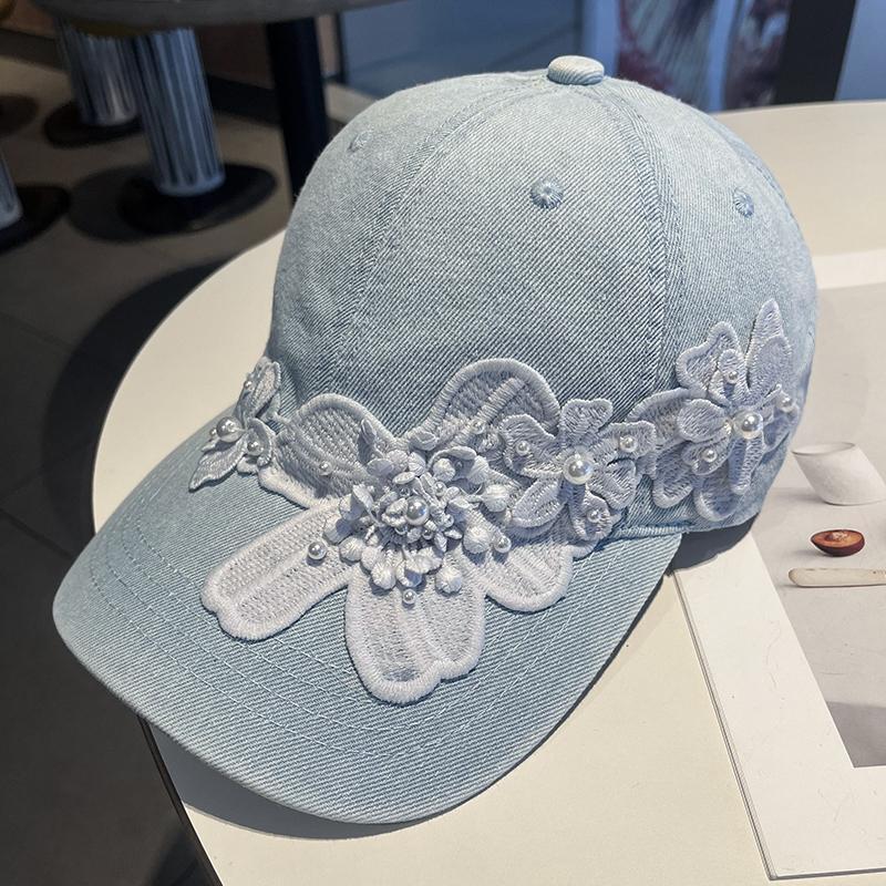 Waterwashed Cotton Denim Baseball Cap With Floral Embroidery For Summer Sun Protection
