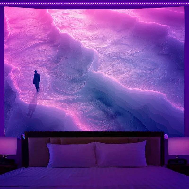 Fluorescent Tapestry Neon Mountain Landscape Hippie Wall Hanging Home Bedroom Room Party Decoration Background Cloth