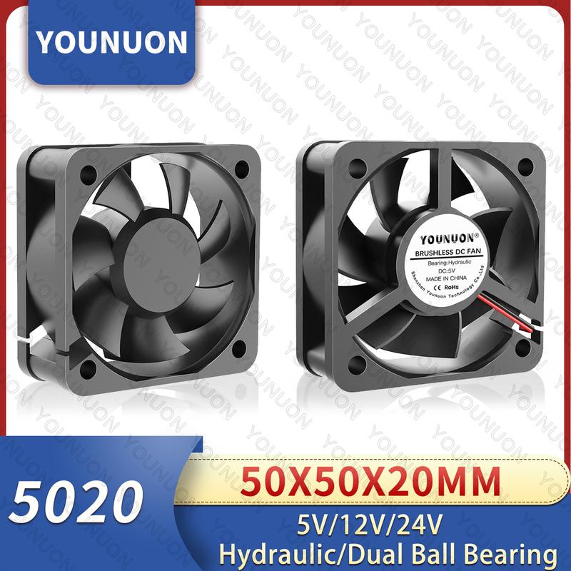 YOUNUON 5020 50mm DC 24V 12V 5V 2PIN Dual Ball/Sleeve Bearing Brushless Cooling Fan 50x50x20mm Cooling Cooler Fan 24V Hydraulic