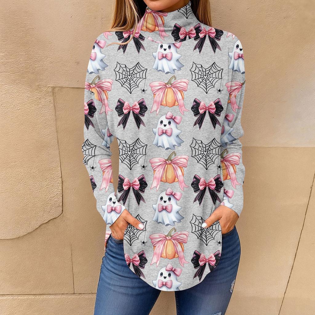 Tee Shirts For Women Fall Casual Long Sleeve Shirts Sweatshirt Vintage Printed High Neck Top Pullover