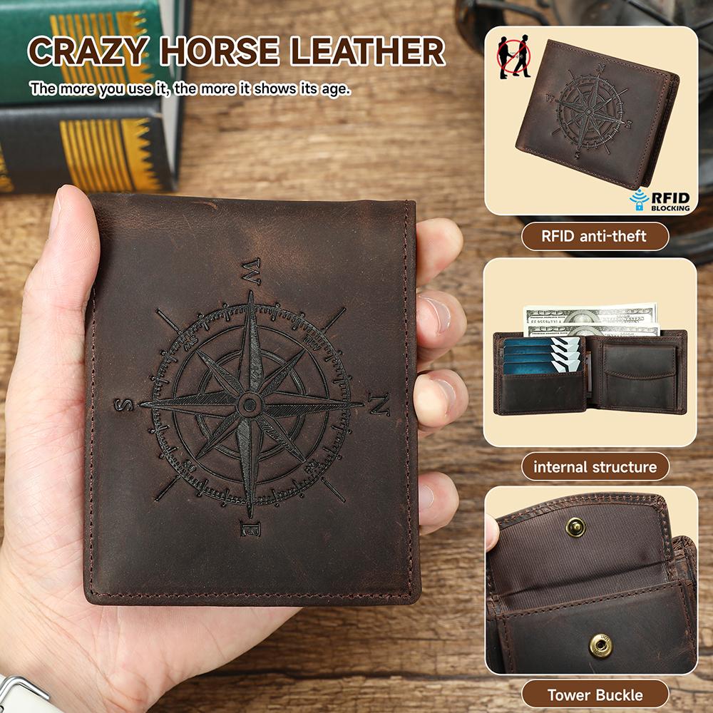 Cartera de Hombre de Cuero Genuino con Patrón Vintage Compacto Crazy Horse Portatarjetas de Crédito
