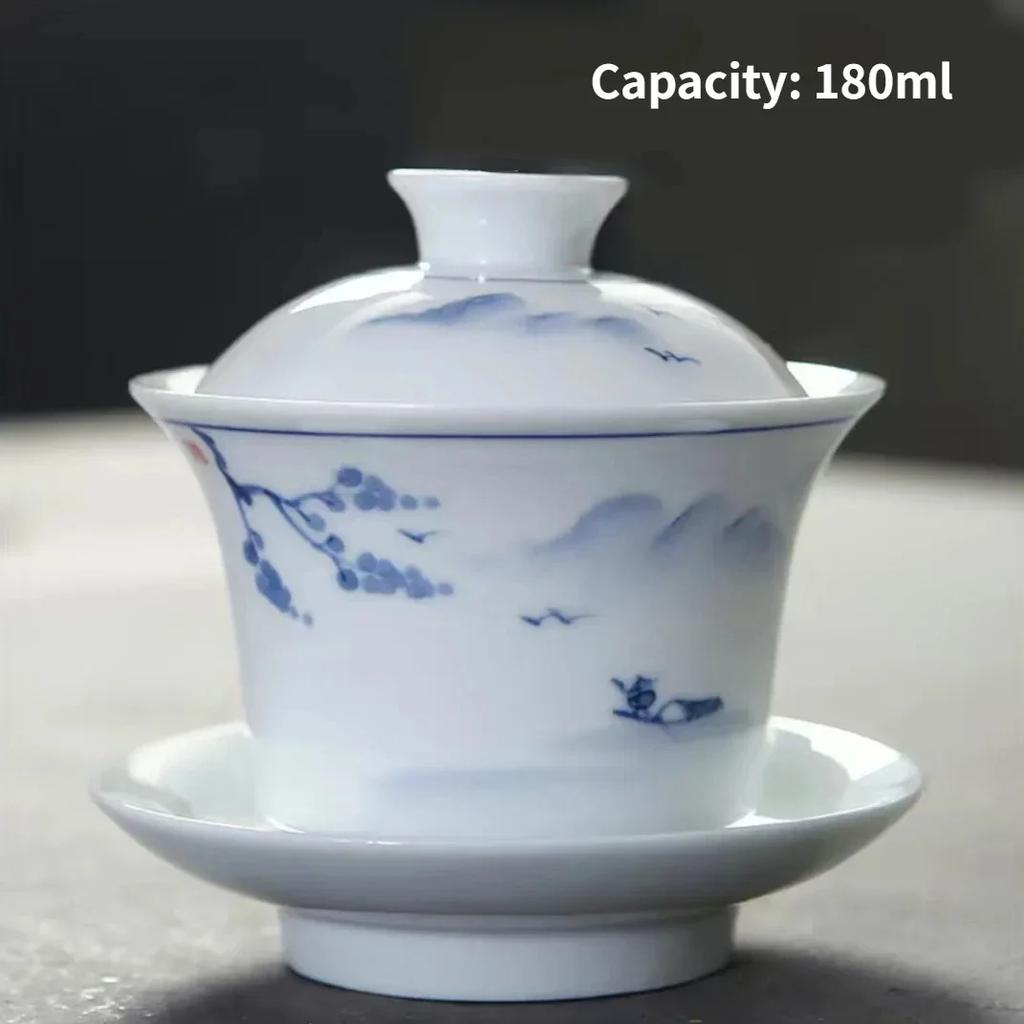 Jingdezhen-Porcelain Tea Set, Ceramic Teacups and Saucers, Handpainted Lotus, Travel, Easy Gaiwan, Porcelain Cup, Tableware