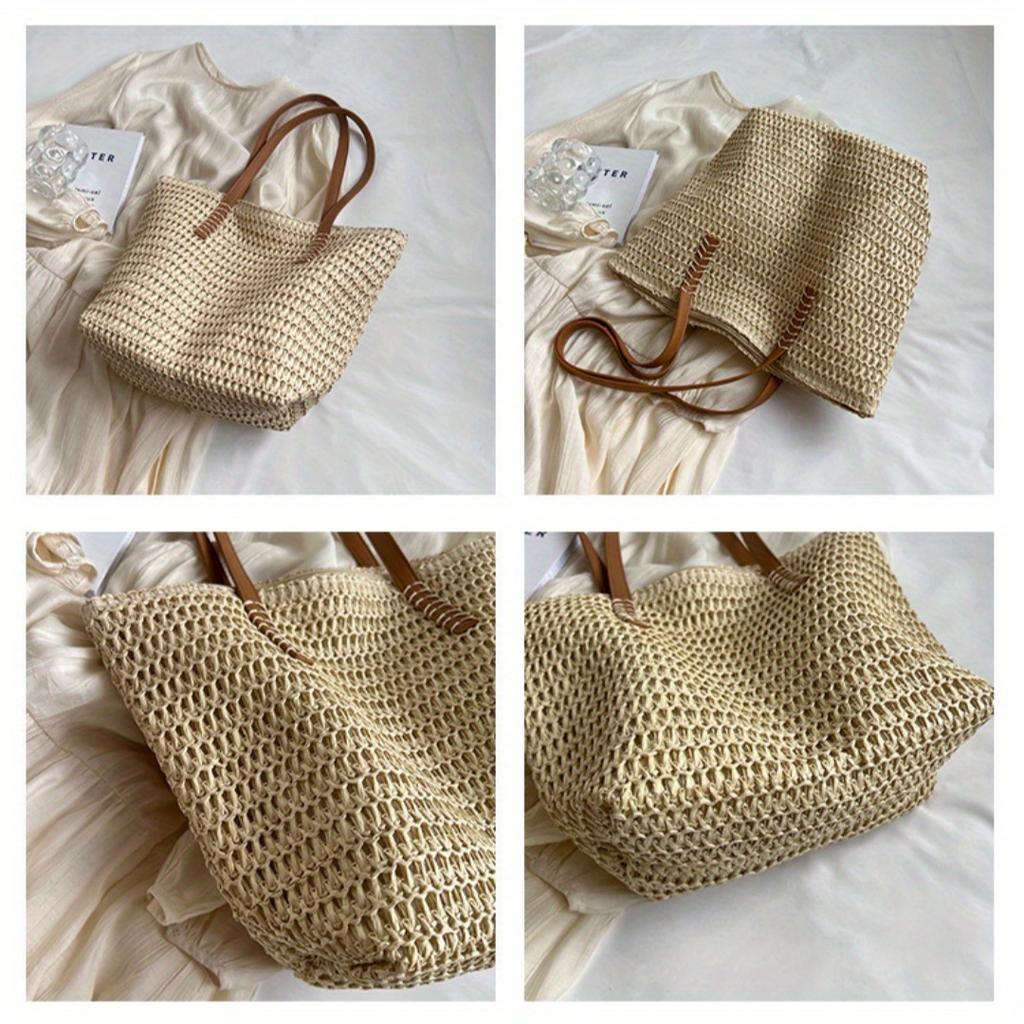 Fashionable and Versatile Women's Woven Bag with Zipper for Travel, Large Capacity Beach Bag, Handbag