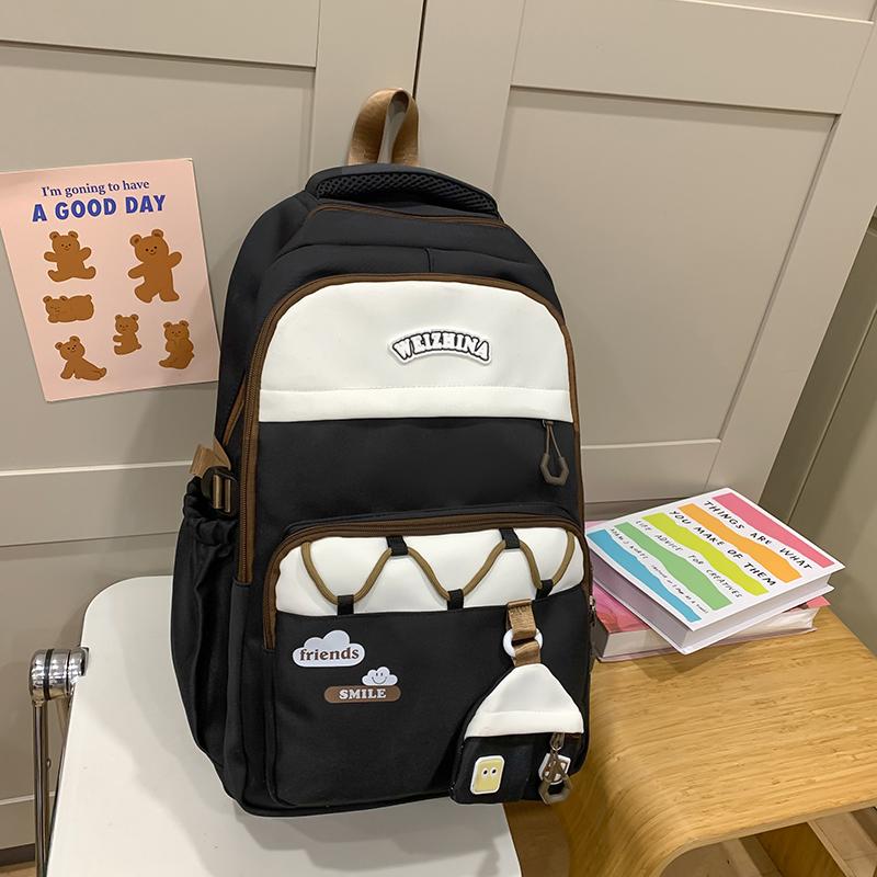 Student Schoolbag Women's Color Contrast Backpack Large Capacity Backpack with Coin Purse