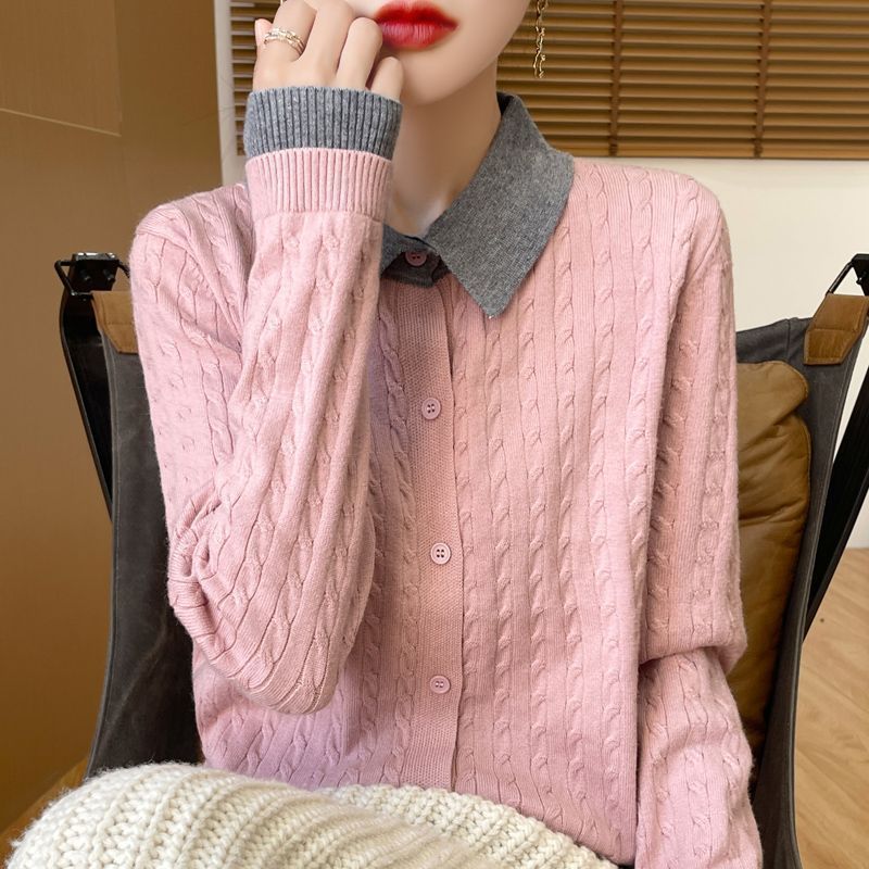 Cárdigan de Punto Falso de Dos Piezas Otoño Invierno Chaqueta Nueva Jersey Top Holgado