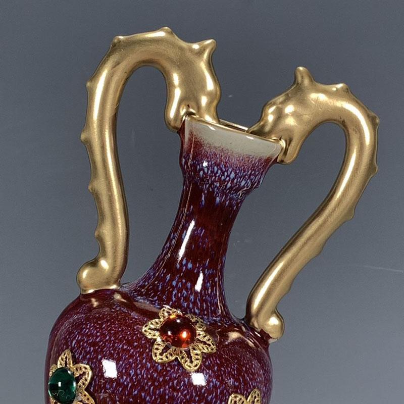 Antique Jun Porcelain Collection Song Dynasty Gilded Gemstone Double Dragon Ceramic Vase Decoration Home Living Room Ornaments