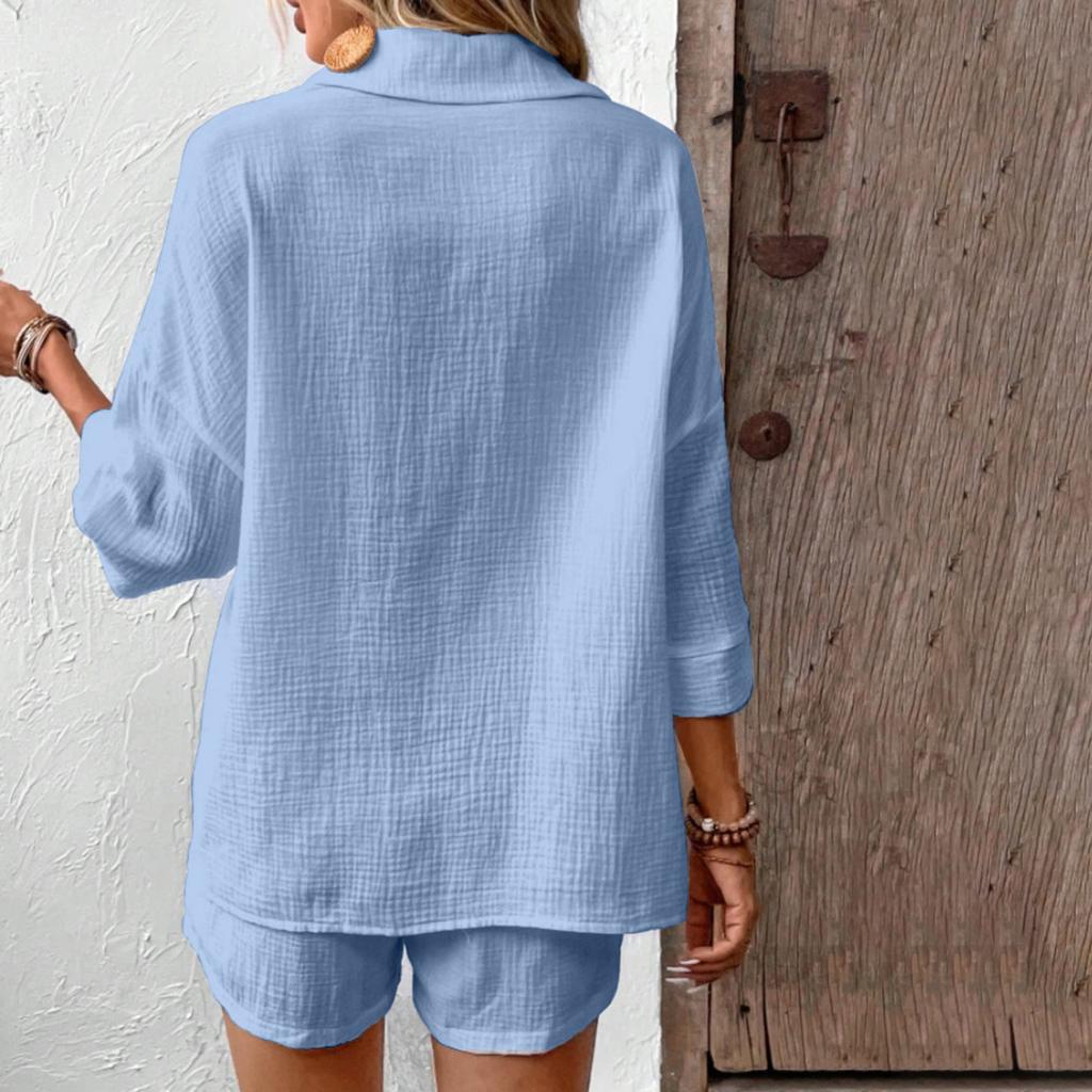 Women's  Color Casual Shirt Collar Casual Two-piece Set