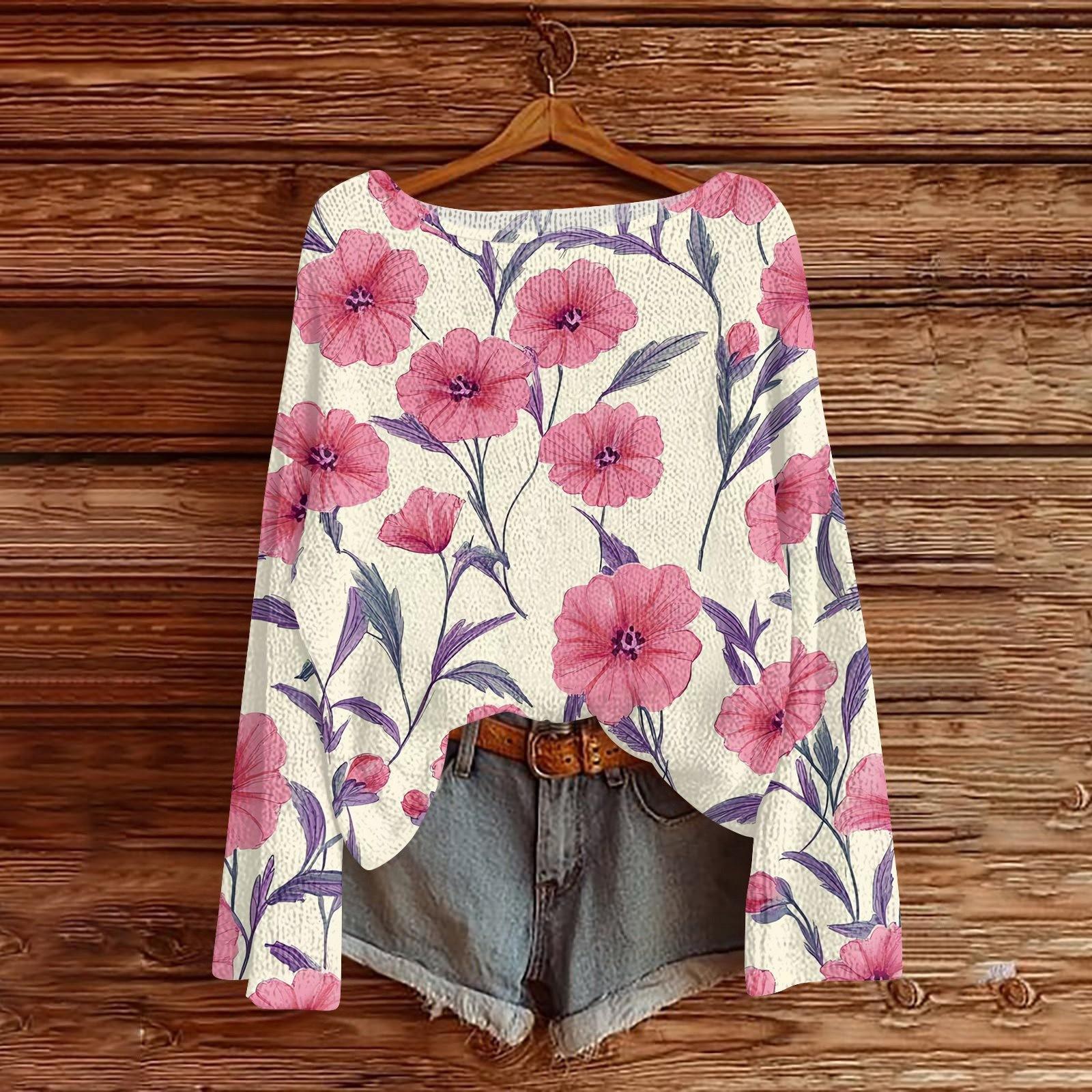 

Свитшоты для женщин Вязаный свитер Милая рубашка Осенний круглый вырез Пуловер Топы XL розовый