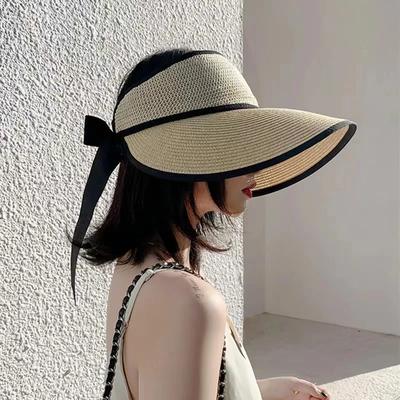2025 Neuer Sommer Verstellbares Band Leere Oberseite Strohhüte Für Frauen Faltbar Breiter Großer Schirm Strandhut Chapeau Femmeuv Sonnenschutz Kappe