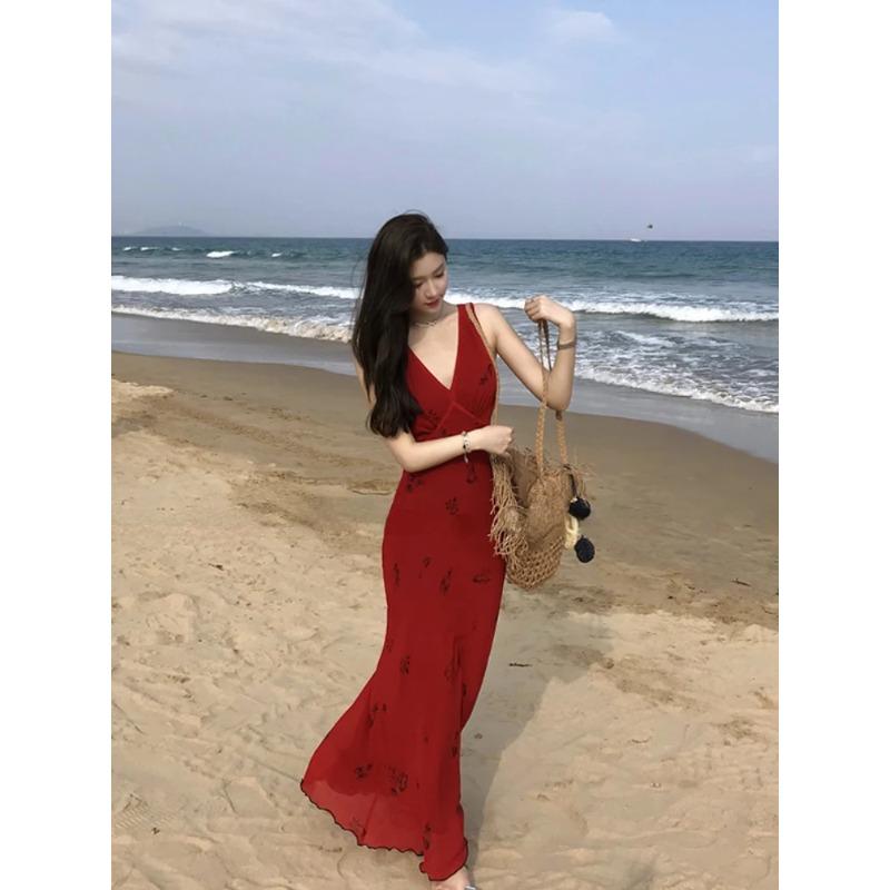 Robe d'été élégante coréenne pour femme, décontractée, à imprimé floral, col en V, midi, style plage, dos nu, sexy, slim, à bretelles