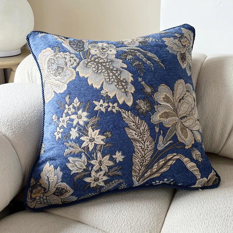 Deluxe Floral Blue Royal Chenille Woven Home Decorative Pillow Case 45x45cm Rope Pipping 1 Piece Pack