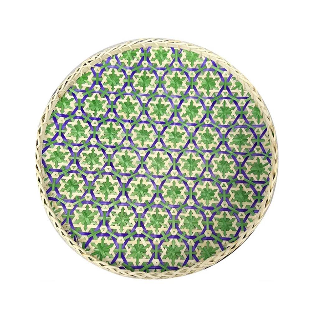 Portable Bamboo Woven Fruit Basket Colorful Handwoven Texture Bread Baskets Round Shape Sieve Home Decor