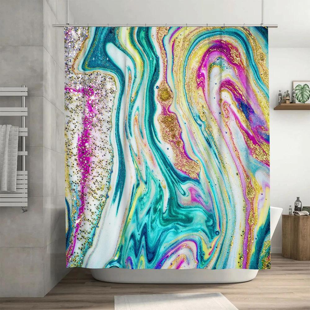Colorful Shower Curtain with Glitter and Sparkle Marbled Pattern for Bathroom Decorations