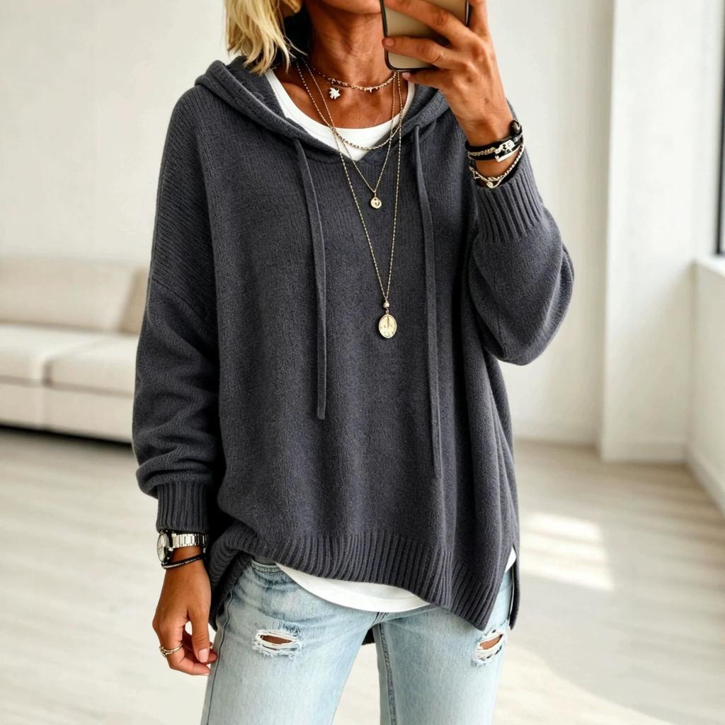 2026 Women's European & American Knit Hooded Drawstring Long Sleeve Loose Sweater Outerwear