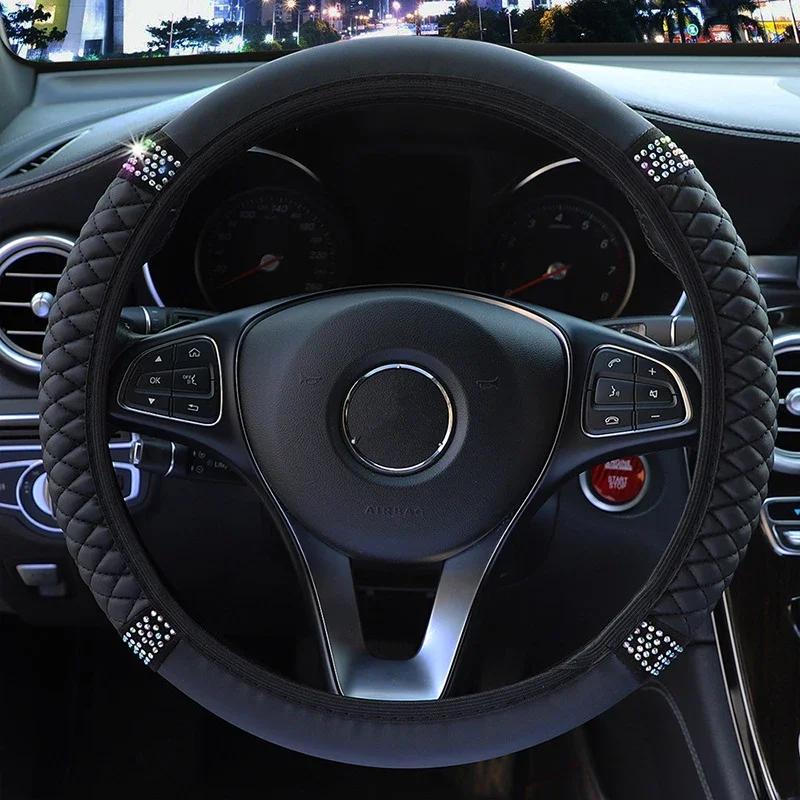 All-Season Diamond-Studded Leather Steering Wheel Cover - Universal Fit 37-38cm for Cars