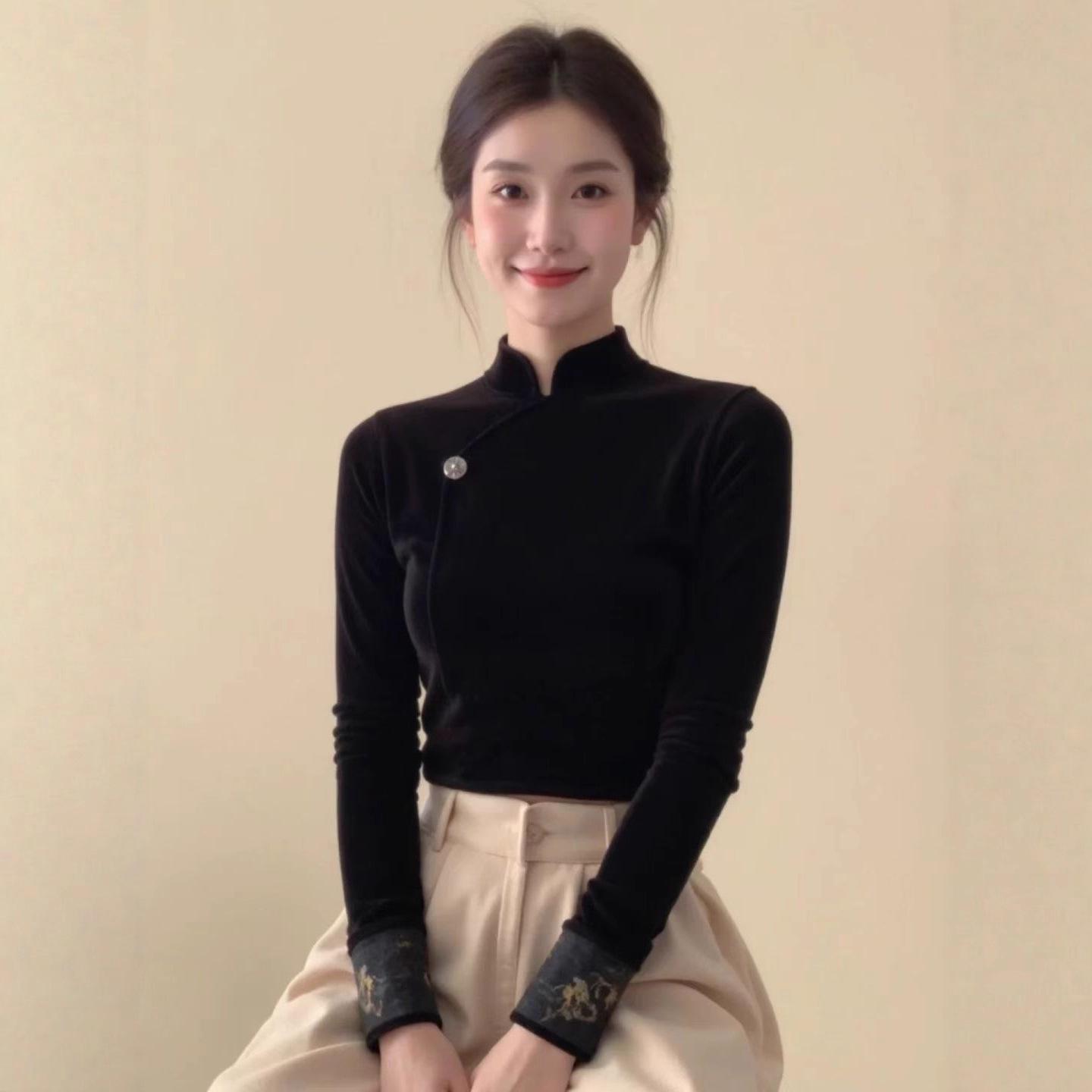 Women s Chinese Style Black Velvet Patchwork Top - Elegant Winter Base Layer with Stand Collar Large