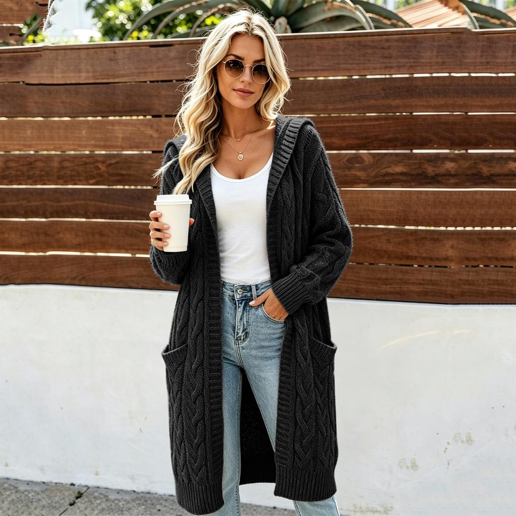 Women's Long Knit Cardigan with Hood - Long Sleeve Sweater Coat with Pockets