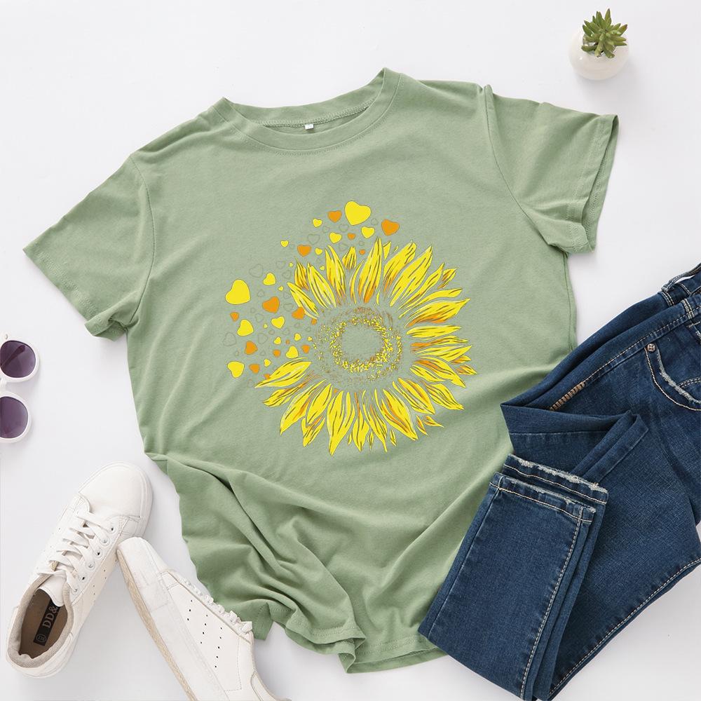 Cotton T-Shirt Short Sleeve Round Neck Women 2d Print Tops