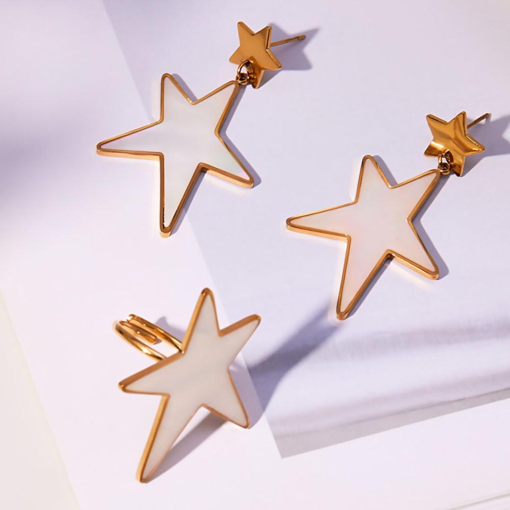 Natural Shell Star Earrings Rings In Stainless Steel With 18k Gold Plated Dangle Earring Ring Statement Jewelry Set for Women