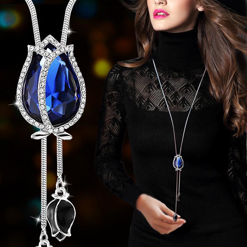 Korean Tassel Crystal Pendant Necklace - Elegant Long Sweater Chain