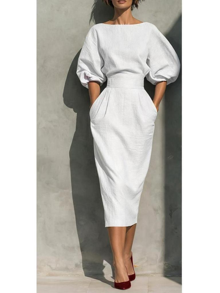 Abito Retro da Donna con Scollo a Barca e Silhouette ad A, Maniche a Sbuffo e Gonna Pieghettata a Vita Alta – Perfetto per l'Eleganza di Primavera e Autunno