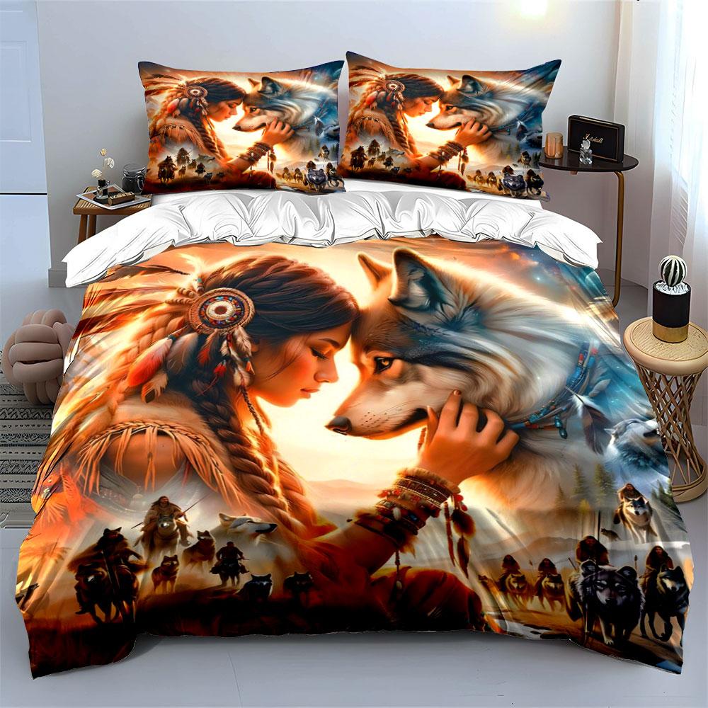Tribal Wolf Spirit Decor Set Multiple Sizes Kid'S And Adults' Bedroom Exquisite 3Pc Bedding Set, Gift