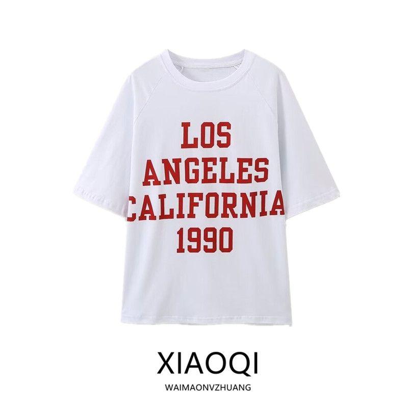 Fashion Style 2024 Summer Women's All-Matching Round Neck Short Sleeve Loose Contrast Color Letter Printing Cotton T-shirt 0085315