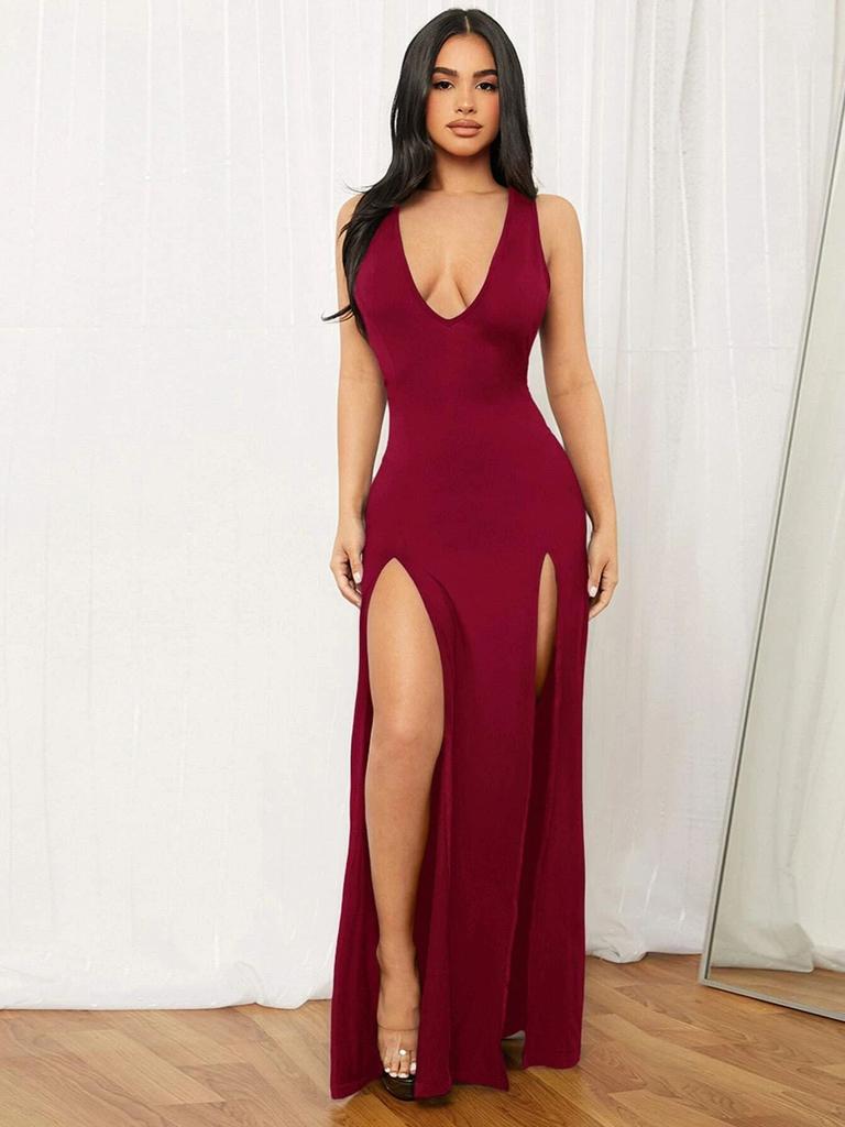 Summer new long dress European and American women's clothing sexy deep V strap sleeveless split multi-color dress