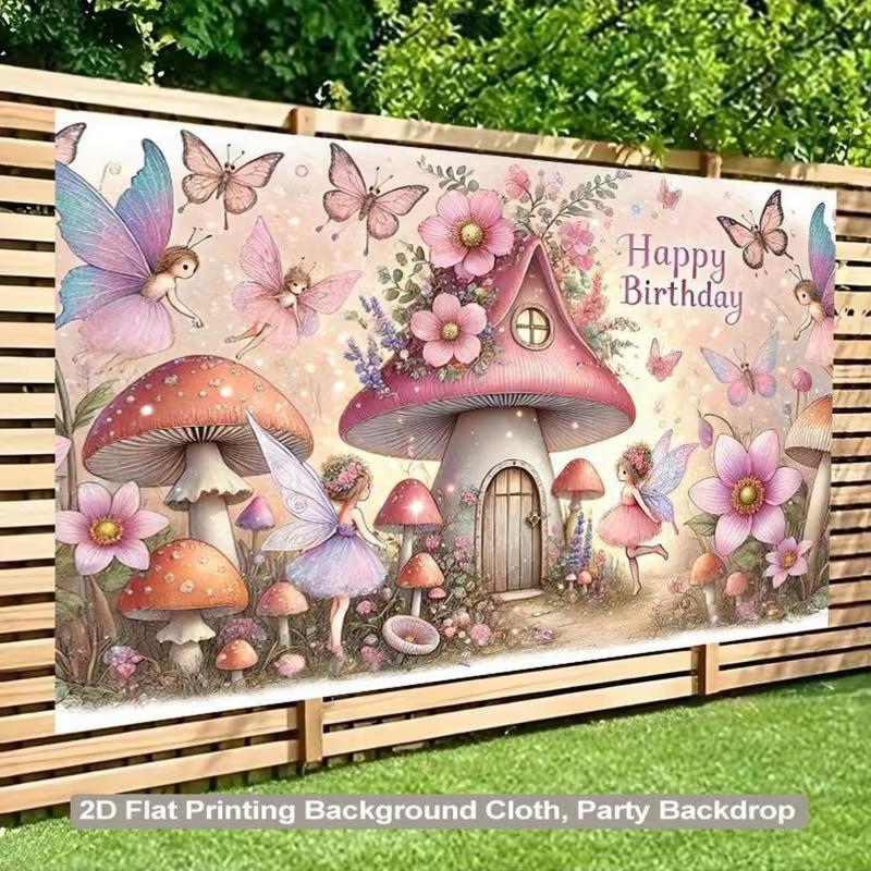2D Whimsical Fairy Garden with Mushroom House Happy Birthday Backdrop
