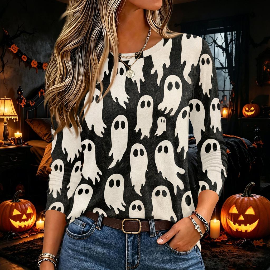 Women's Halloween Printed Neck Long Sleeve Pullover Top