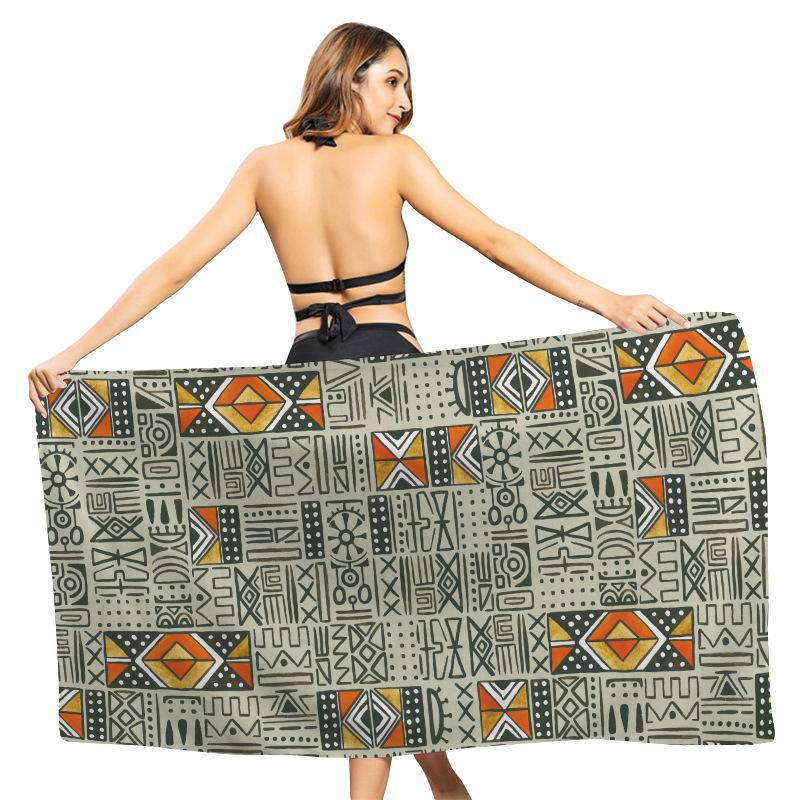 Vintage Bogolan Inspired Towel, Abstract Tribal Motif Absorbent Microfiber Towel for Vacation