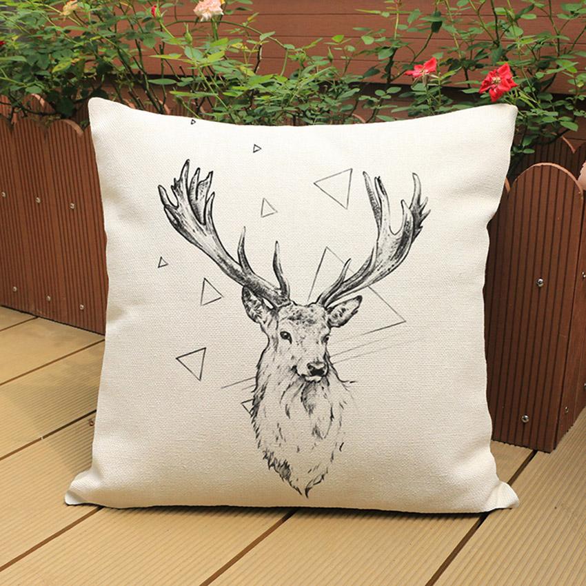 Weihnachts-Rentierkopf, dekoratives Sofa-Kissen, Couch-Kissenbezug, cremefarbenes Leinen, Hirsch-Tierdruck-Kissenbezug