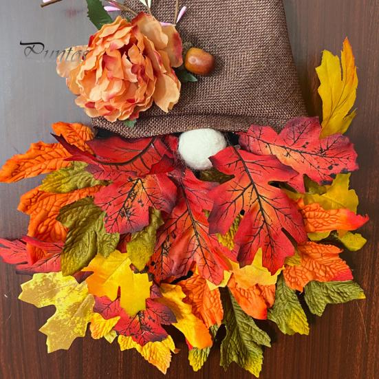 Thanksgiving Fall Gnome Wreath Pointed Hat Realistic Maple Leaves Flower Indoor Outdoor Wall Door Hanging Autumn Artificial Garland Harvest