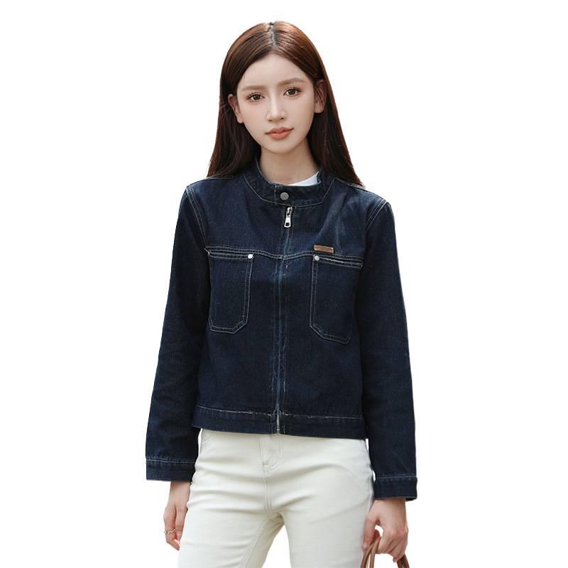 French-Style Distressed Stand Collar Zipper Motorcycle Denim Jacket